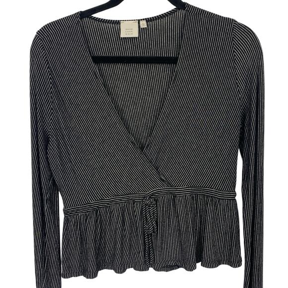 Good Luck Gem faux Wrap Top Size Large Black Micro Stripe Long Sleeves - Picture 1 of 8